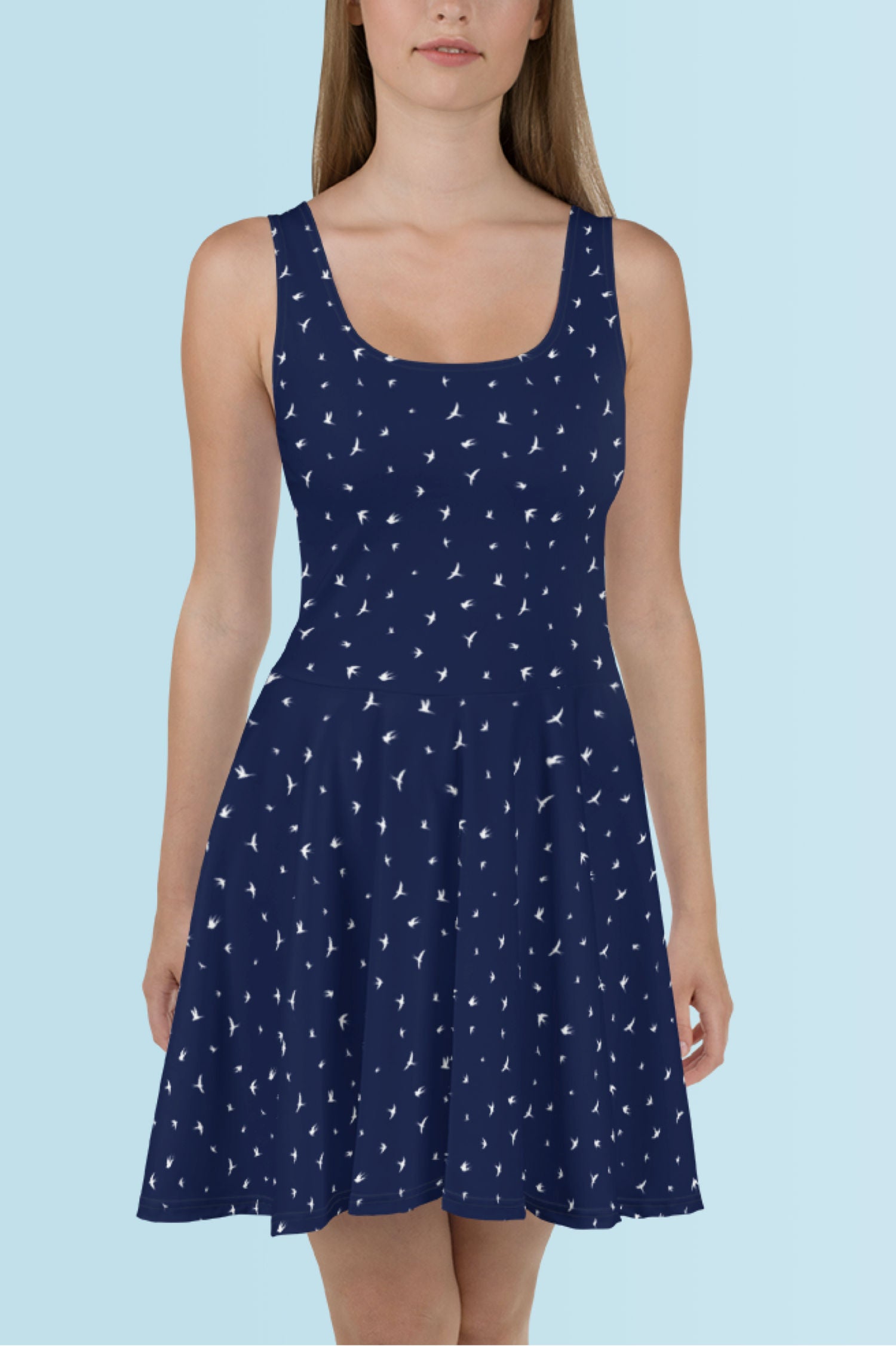 dusty blue wedding dress guest Dreaming Birds Skater Dress